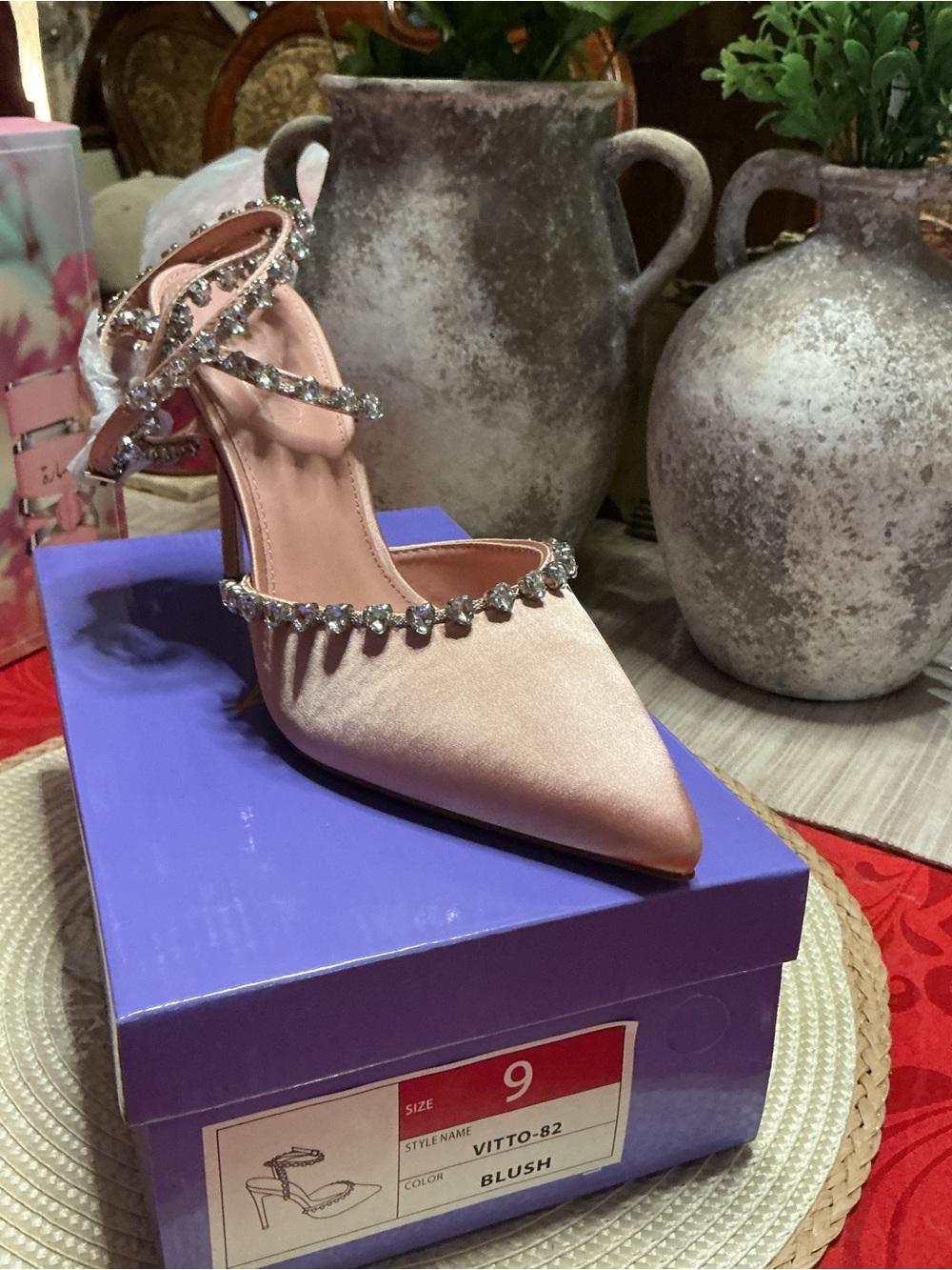 Blush Satin Pointed Toe Dress Pump with Crystal Straps - Size 9